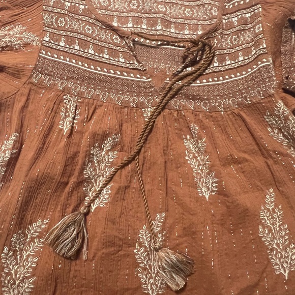 Daughters of India Mishka Mini Dress Chai Size Medium Boho Puff Sleeve Cotton - Picture 4 of 13